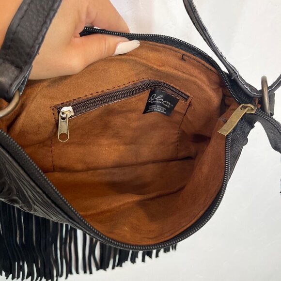 Artisan Embossed Tooled Fringe Cowhide Leather Crossbody Bag Black white Boho - Picture 6 of 6